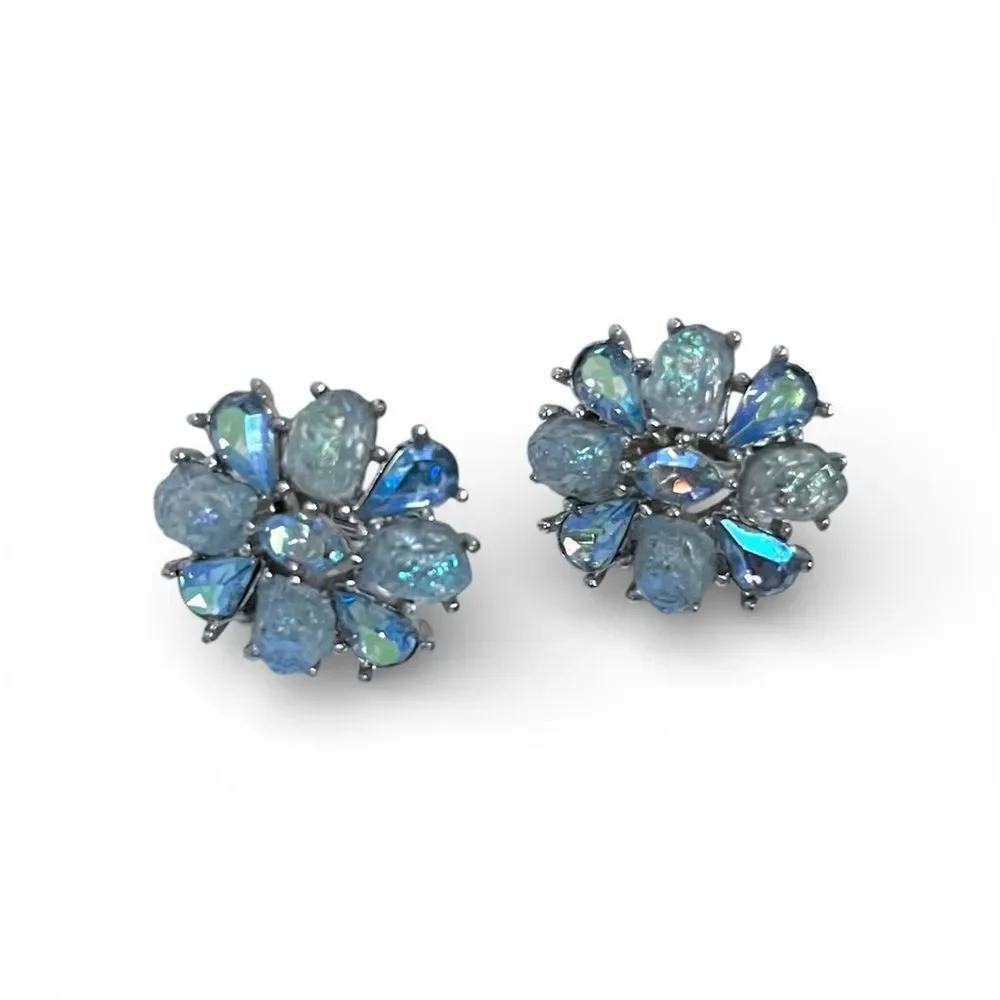 Crown Trifari Etoile Blue Lava Rock AB Clip Earrings